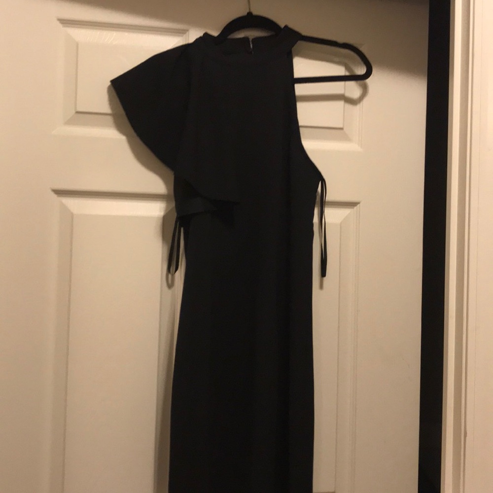 Black one shoulder halter dress